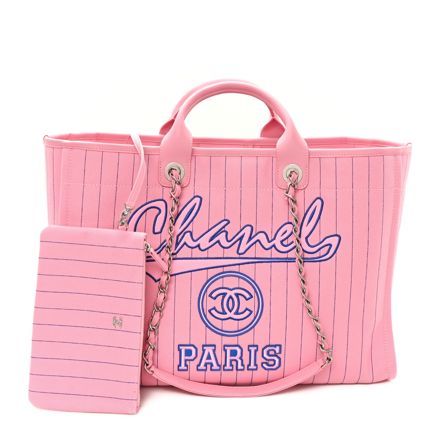 Chanel Canvas Calfskin Striped Large Deauville Tote Pink Blue 3 of 11