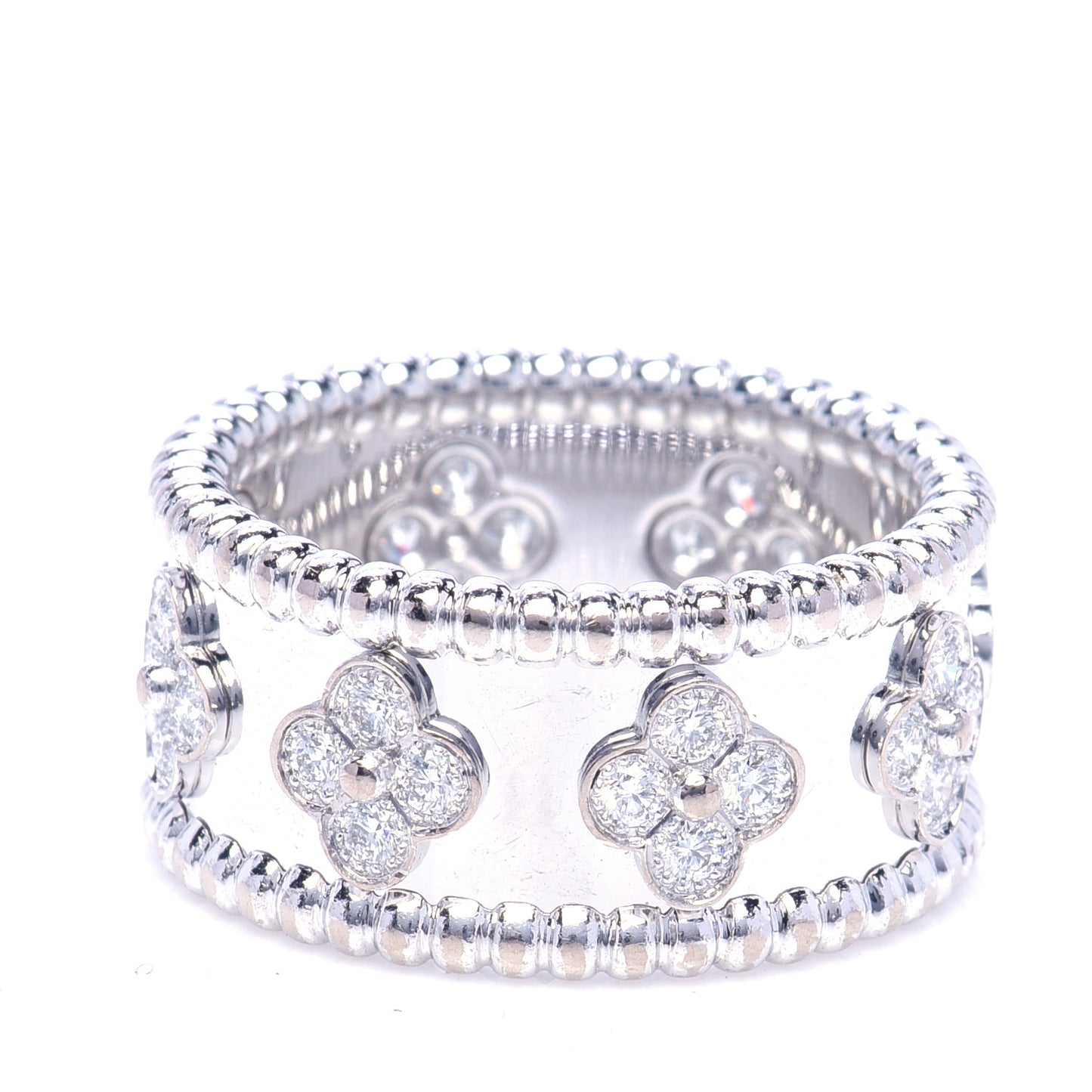 18K White Gold Diamond Medium Perlee Clover Band Ring 57 8