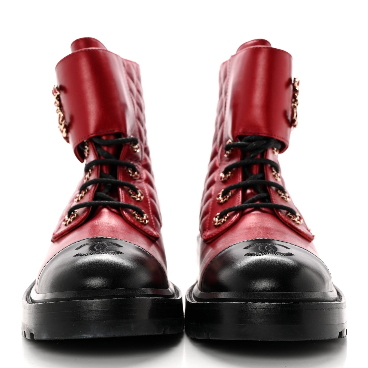 Shiny Lambskin Quilted Lace Up Combat Boots 40.5 Red