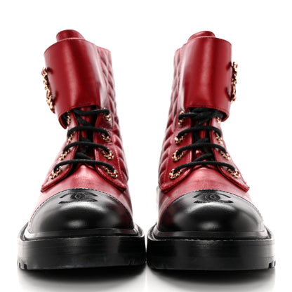Chanel Shiny Lambskin Quilted Lace Up Combat Boots 40.5 Red 2 of 12