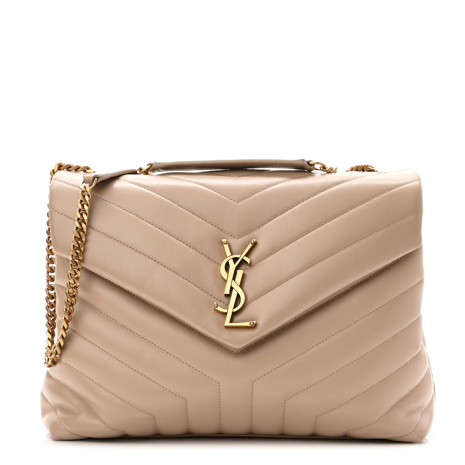 product image of SAINT LAURENT Calfskin Y Quilted Monogram Medium Loulou Chain Satchel Dark Beige FASHIONPHILE