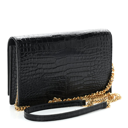 Saint Laurent Calfskin Crocodile Embossed Kate Monogram Tassel Chain Wallet Black 3 of 9