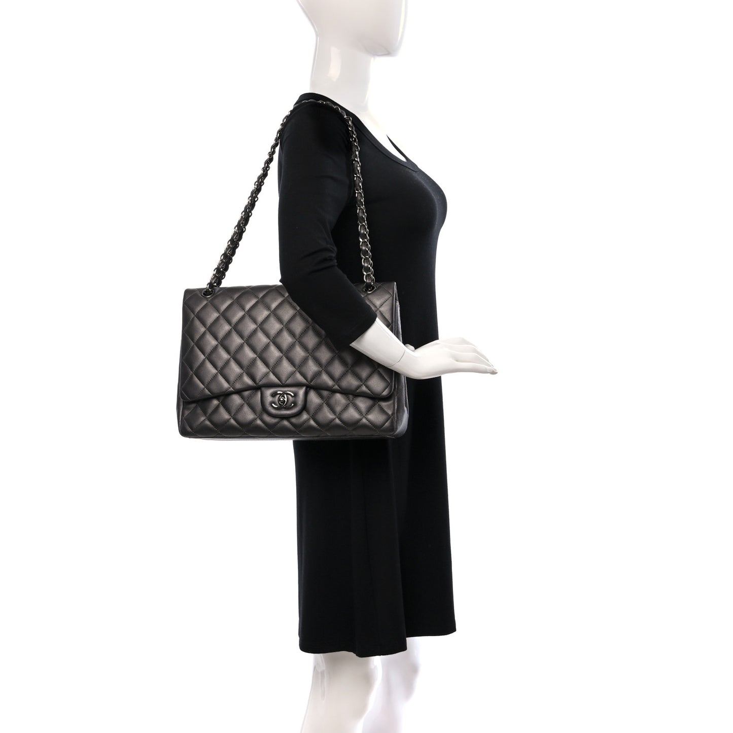 Metallic Lambskin Quilted Maxi Single Flap Grey