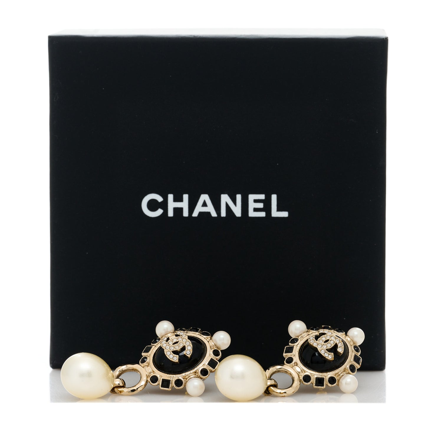 Crystal Pearl CC Drop Earrings Gold White Black