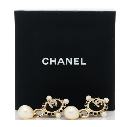 Chanel Crystal Pearl CC Drop Earrings Gold White Black 5 of 5