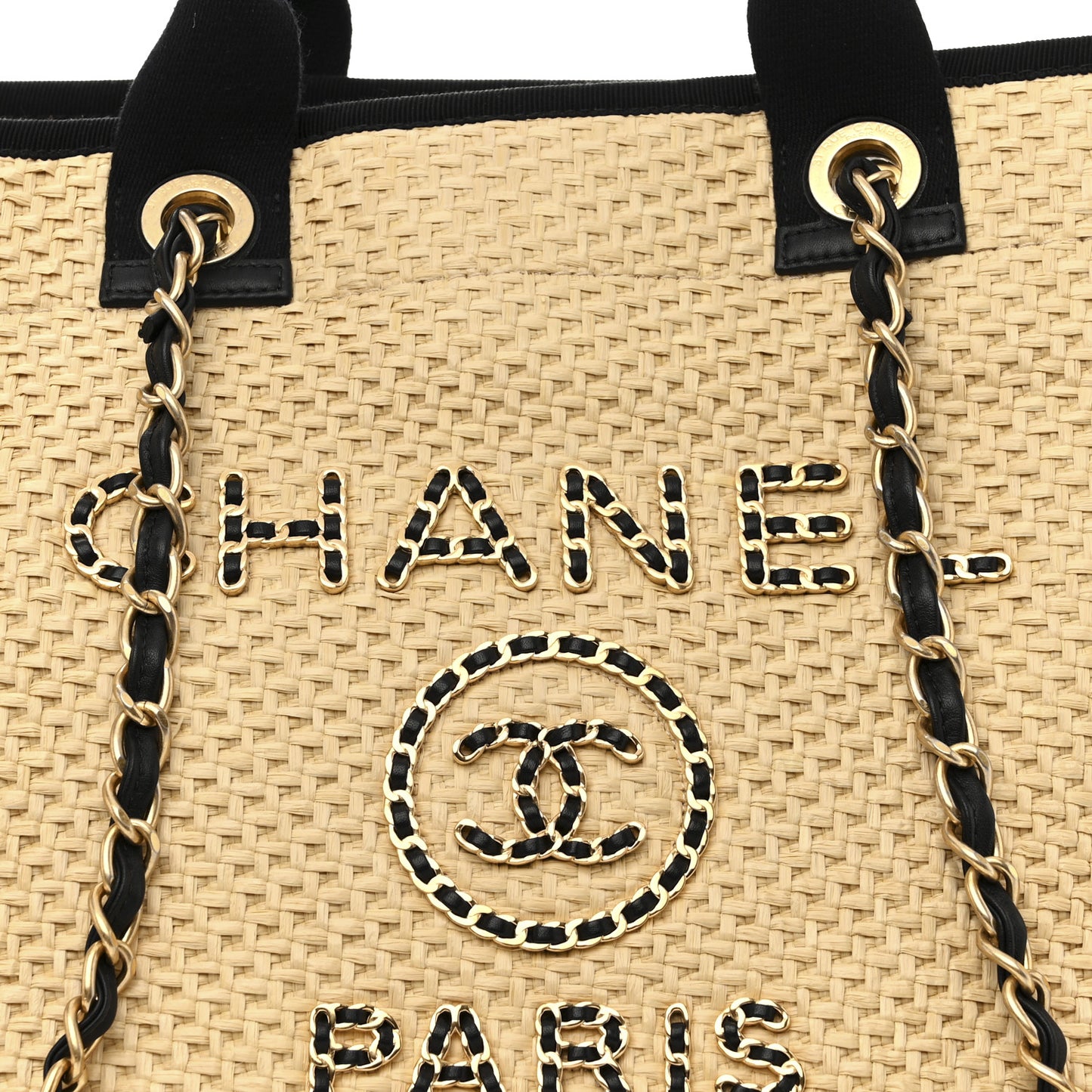 Straw Raffia Calfskin Chain Medium Deauville Tote Beige Black