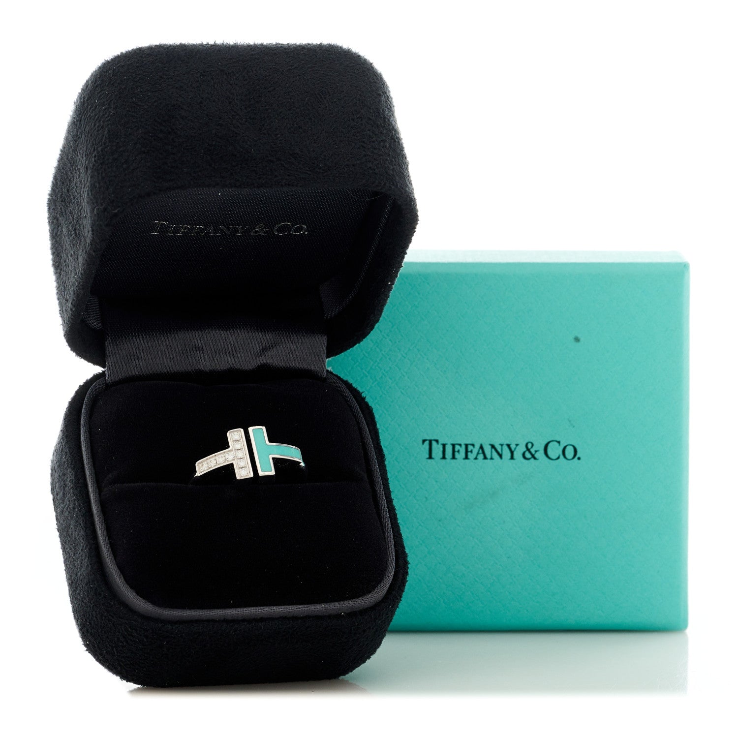 Tiffany 18K White Gold Diamond Turquoise T Wire Ring 48 4.5 5 of 5