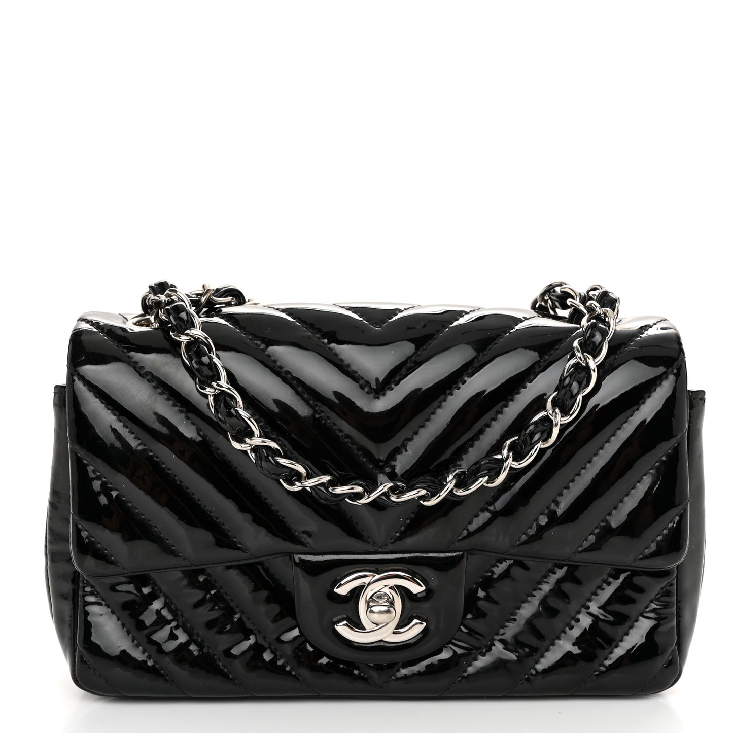 Patent Calfskin Chevron Quilted Mini Rectangular Flap Black