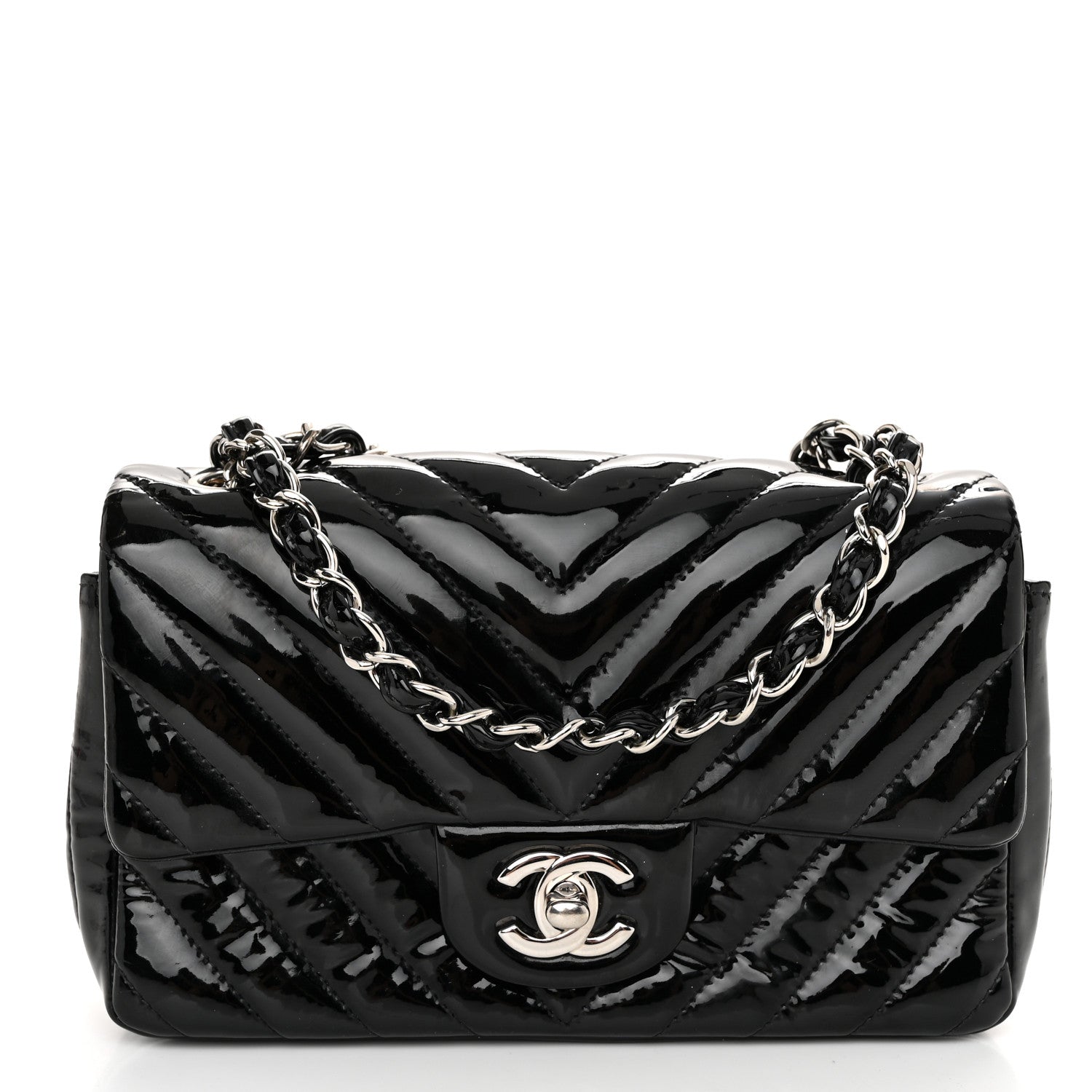 Chanel Patent Calfskin Chevron Quilted Mini Rectangular Flap Black 1 of 10