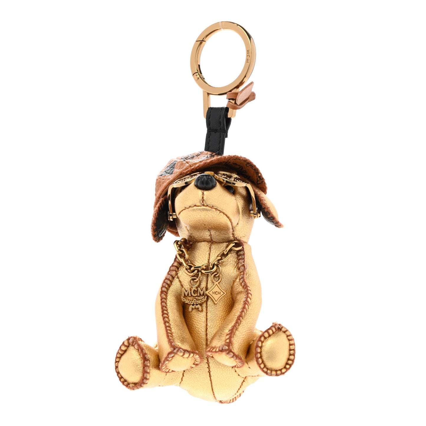 Metallic Visetos Dog Key Ring Bag Charm Gold Cognac
