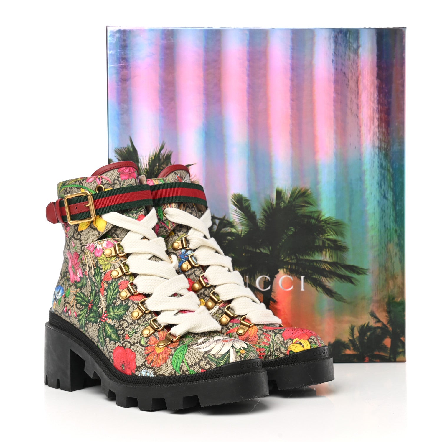 Gucci GG Supreme Monogram Flora Lace Up Combat Ankle Boots 37.5 Beige Multicolor Red 9 of 9