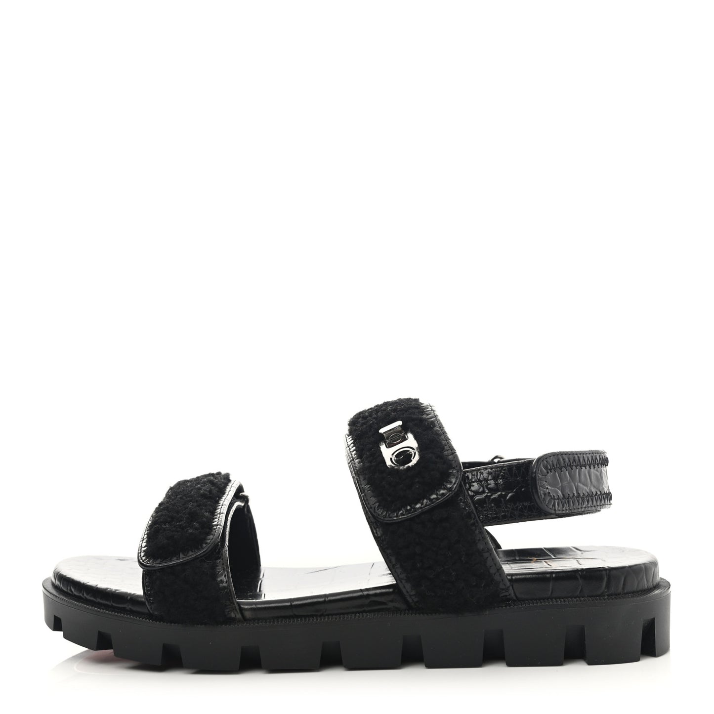 Calfskin Crocodile Embossed Lock Wool Flat Sandals 39 Black