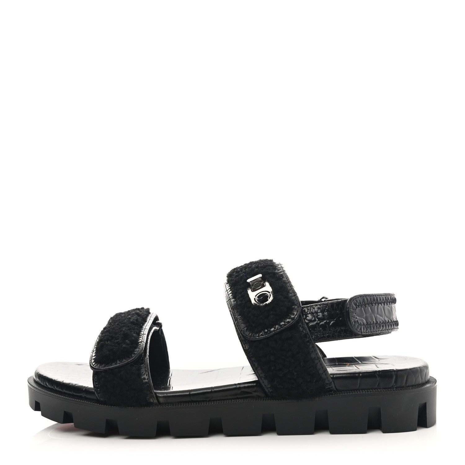 Christian Louboutin Calfskin Crocodile Embossed Lock Wool Flat Sandals 39 Black 1 of 8
