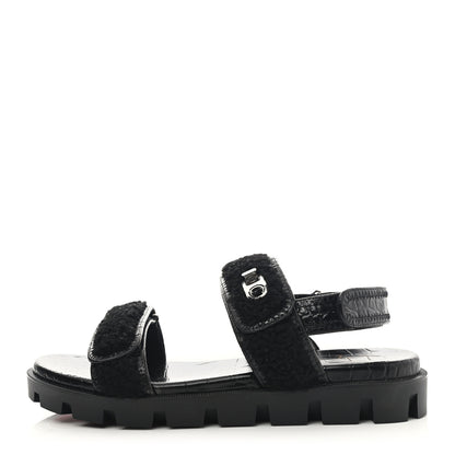 Christian Louboutin Calfskin Crocodile Embossed Lock Wool Flat Sandals 39 Black 1 of 8