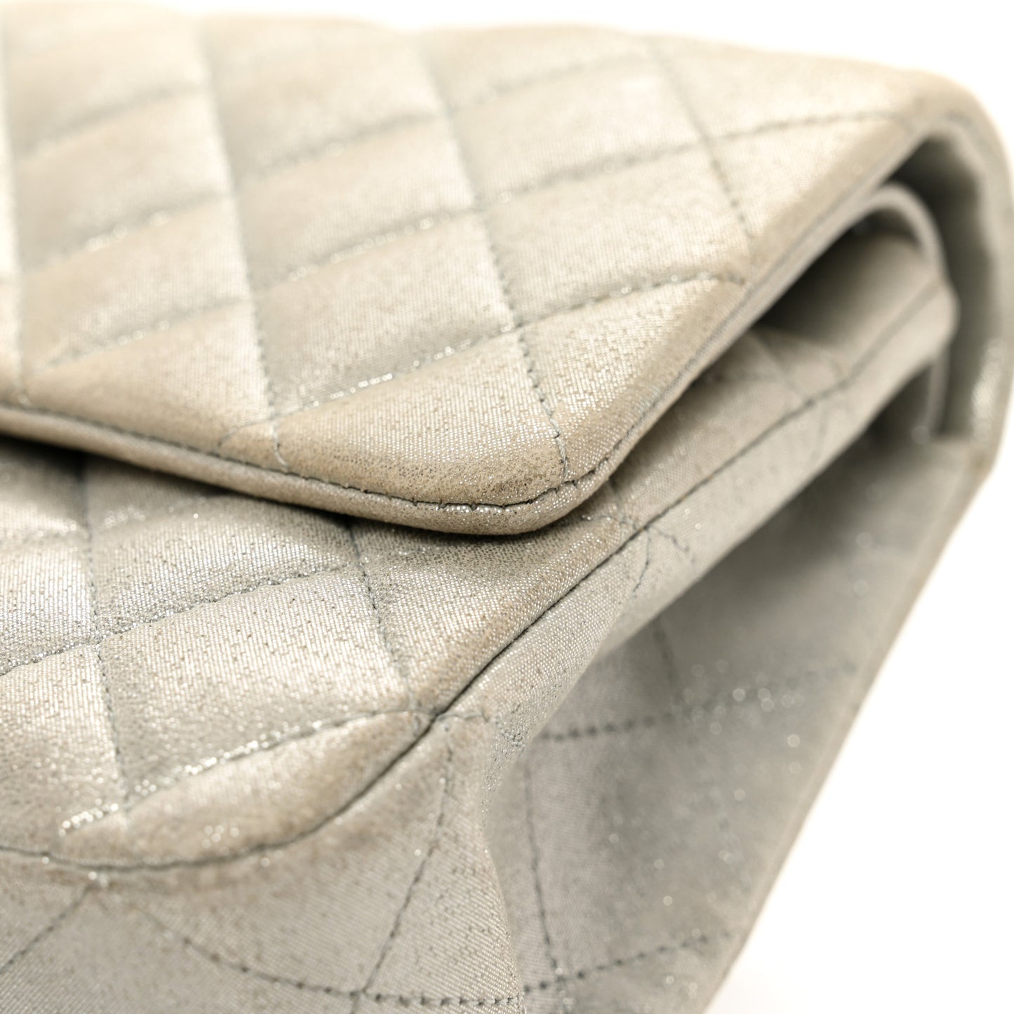 Iridescent Calfskin Quilted Medium Double Flap Silver