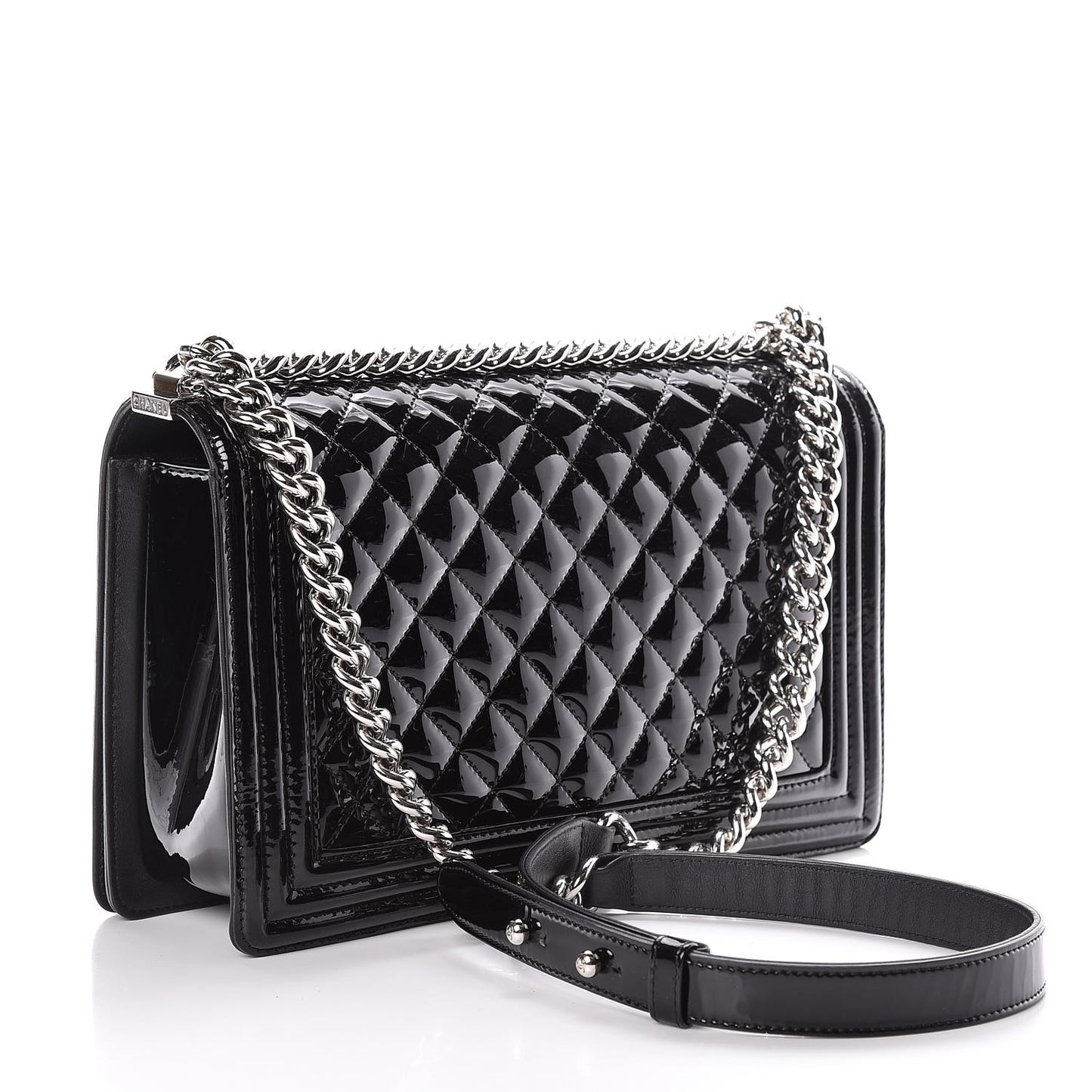 Patent Calfskin Quilted New Medium Plexiglass Boy Flap Black