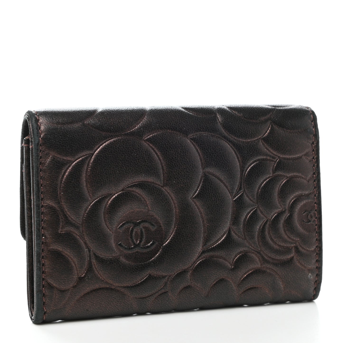 Metallic Goatskin Camellia Embossed Flap Card Holder Wallet Brown