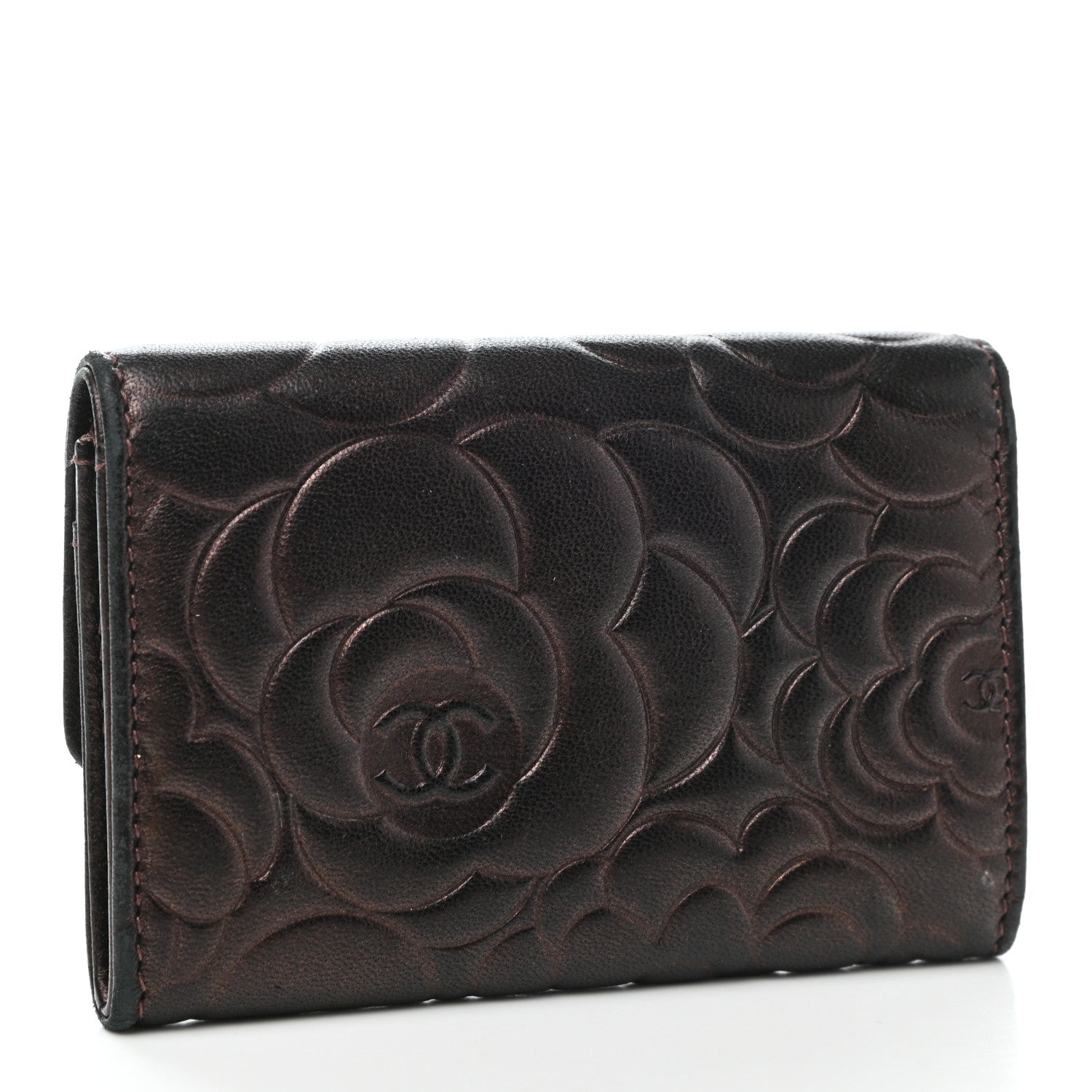 Chanel Metallic Goatskin Camellia Embossed Flap Card Holder Wallet Brown 3 of 8