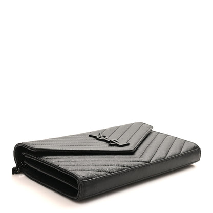 Saint Laurent Grain De Poudre Matelasse Chevron Monogram Monochrome Chain Wallet Black 4 of 9