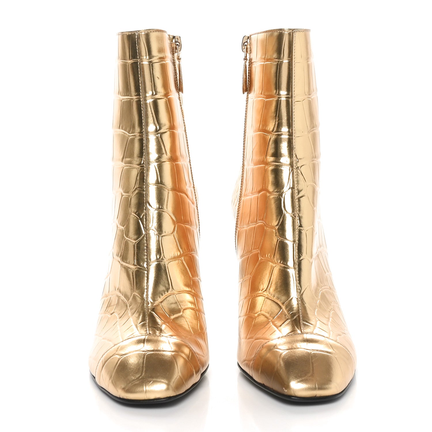Chanel Calfskin Crocodile Embossed Cap Toe Ankle Boots 38 Gold 2 of 9