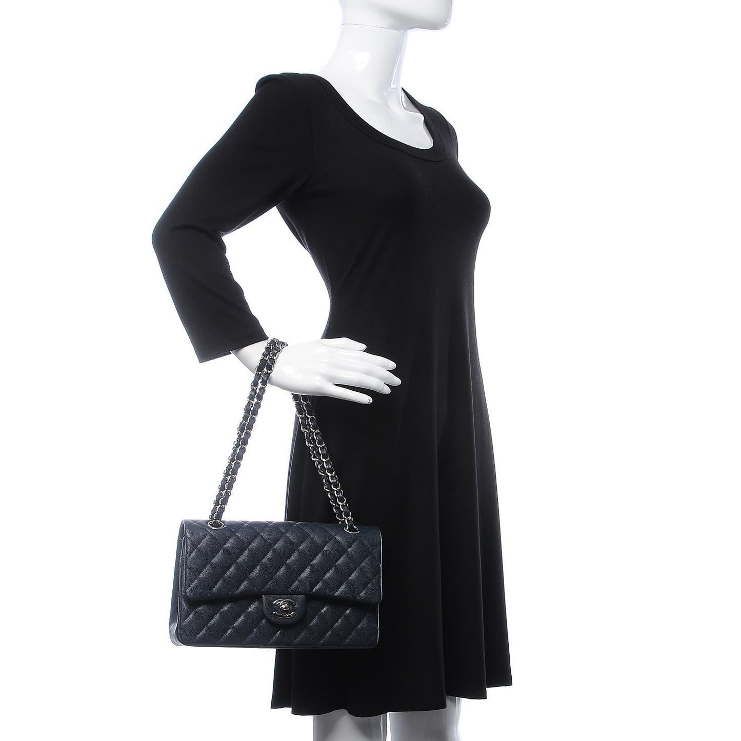 Caviar Quilted Medium Double Flap Dark Blue