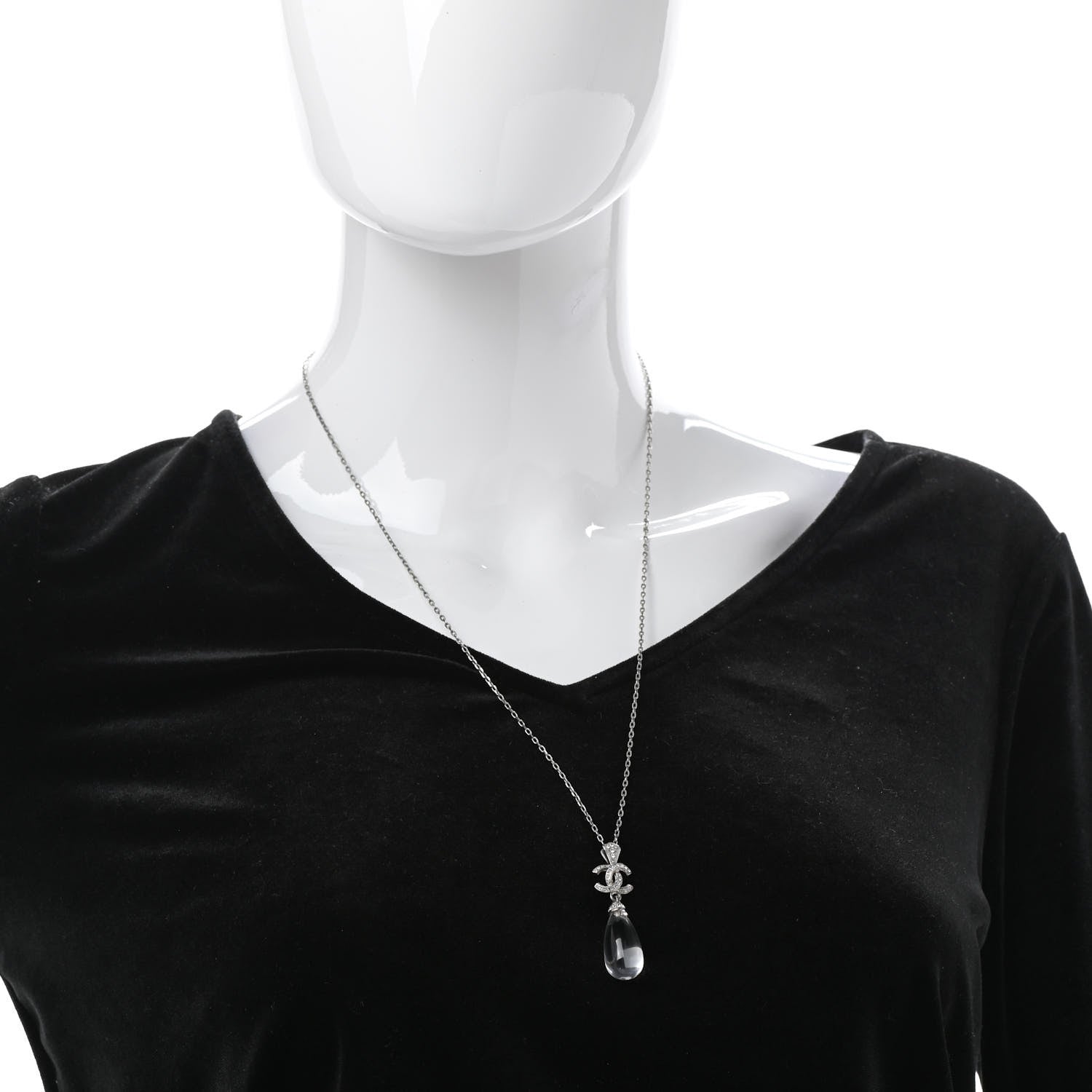 Chanel CC Crystal Teardrop Necklace Silver 2 of 6