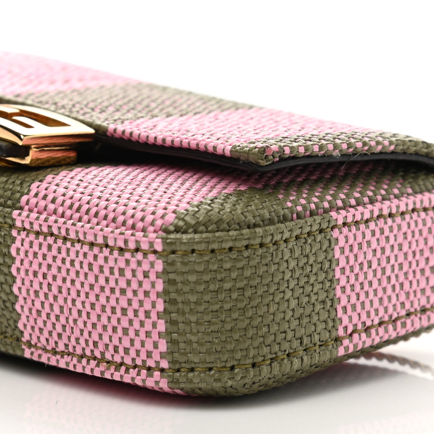 Fendi Raffia Pequin Gingham Woven Nano Baguette Charm Verde Militare Rosa 9 of 9
