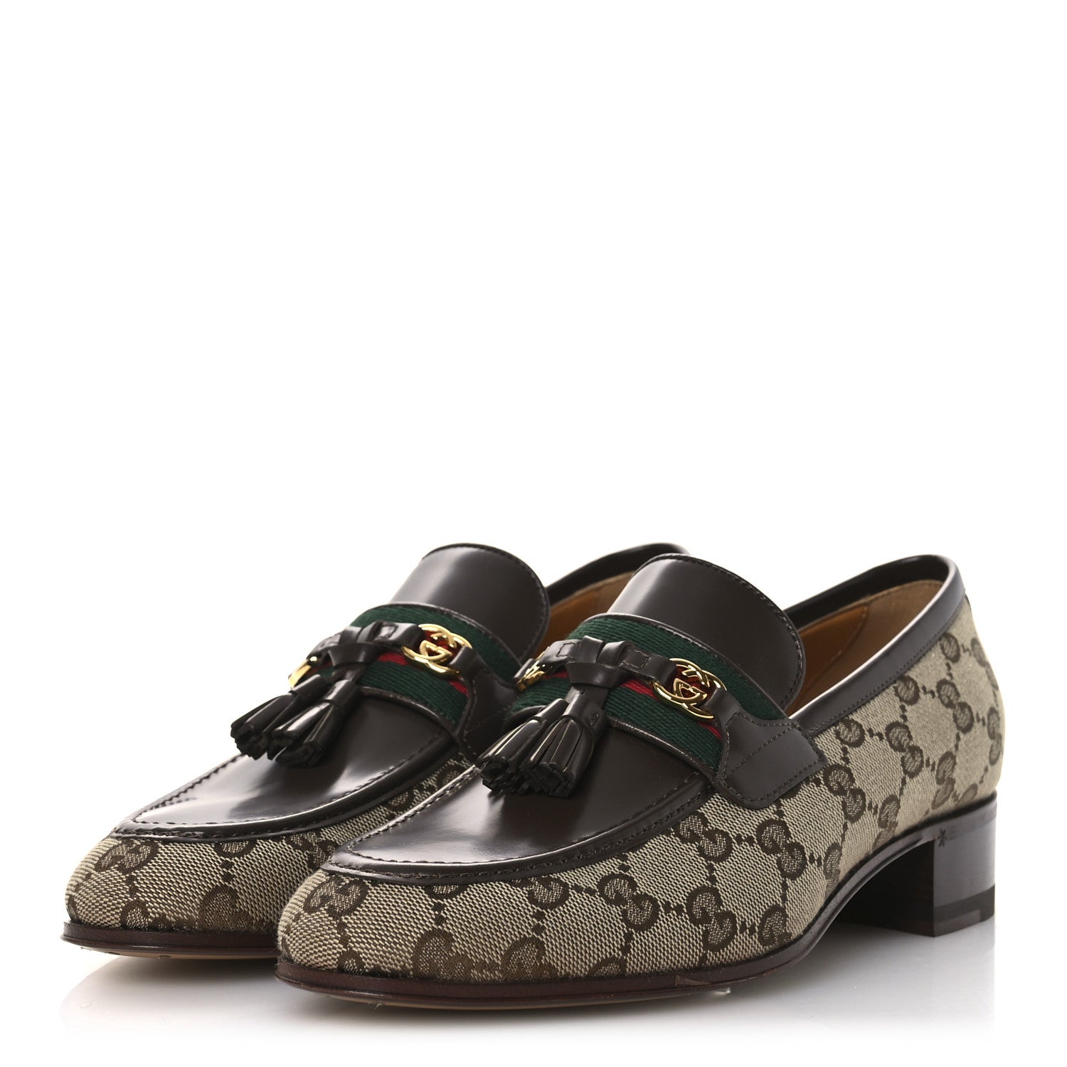 Gucci Monogram Calfskin Web Womens Tassel Loafers 37 Beige Brown 4 of 11