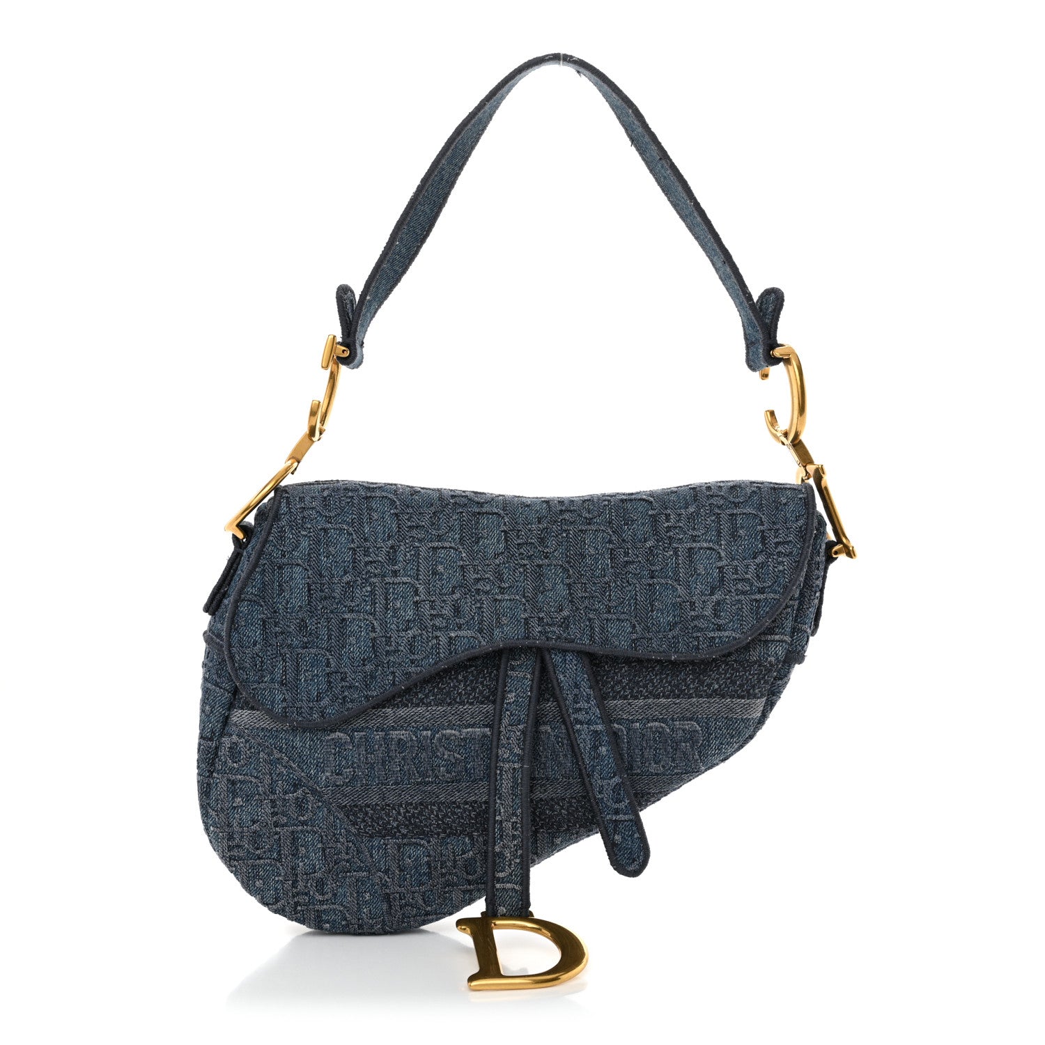 Christian Dior Oblique Embroidered Saddle Bag Denim Blue 1 of 12