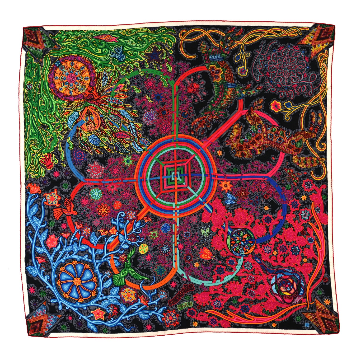 Hermes Cashmere Silk L'Arbre Du Vent Shawl 140 Black Vert Fuchsia 1 of 4