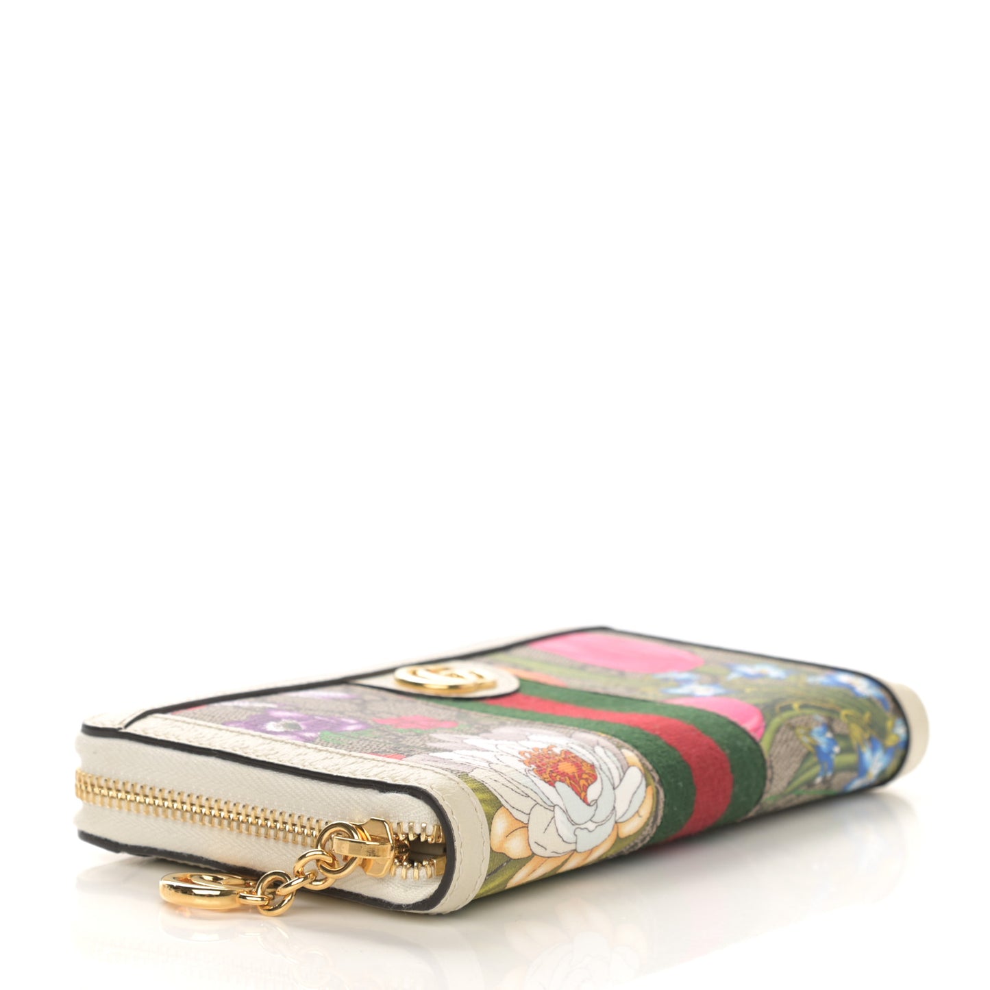 GG Supreme Monogram Flora Ophidia Zip Around Wallet White