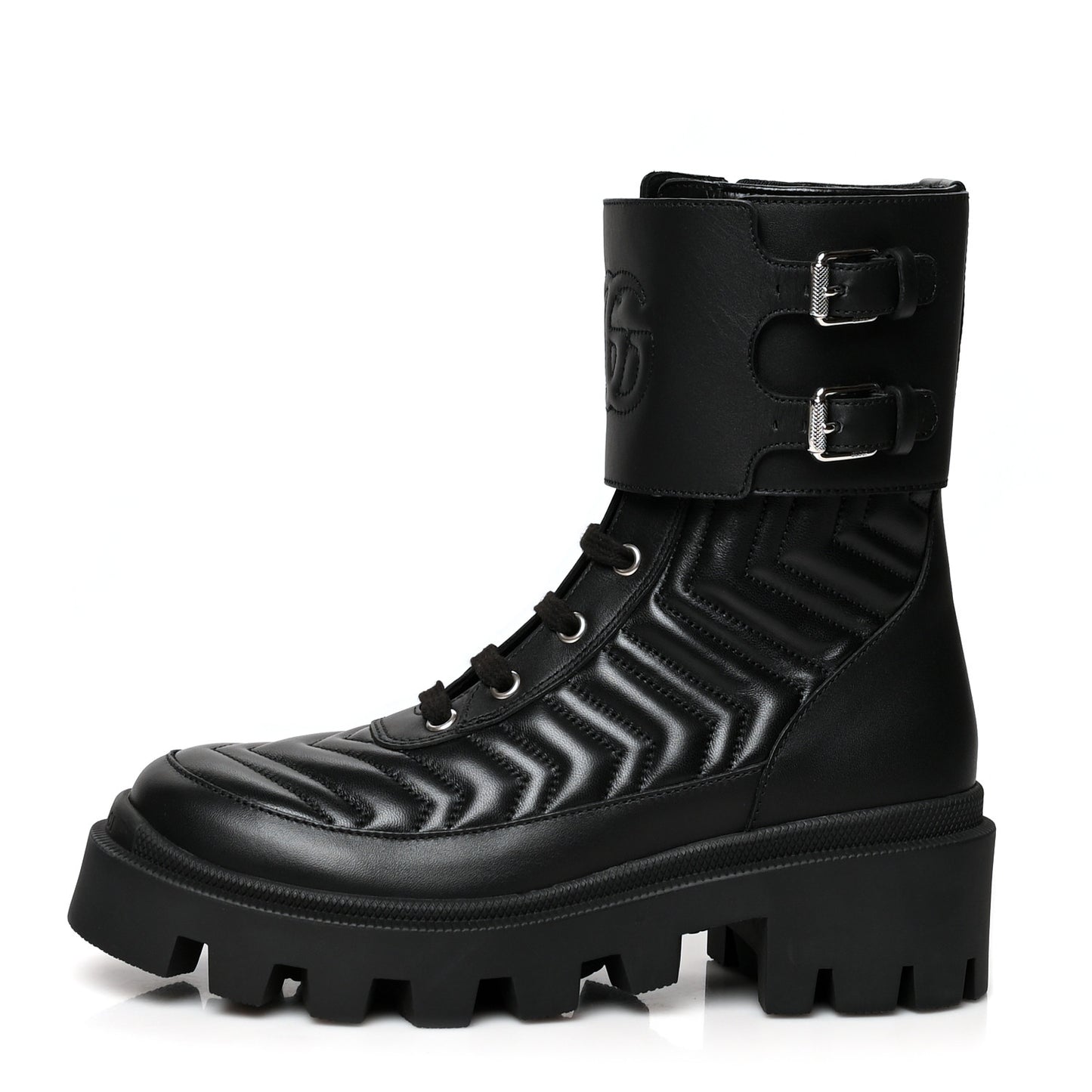 Nappa Frances GG Matelasse Platform Combat Boots 36 Black