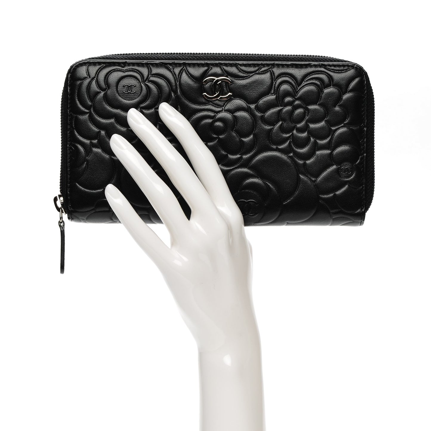 Lambskin Camellia Embossed Large Zip Around Gusset Wallet Black