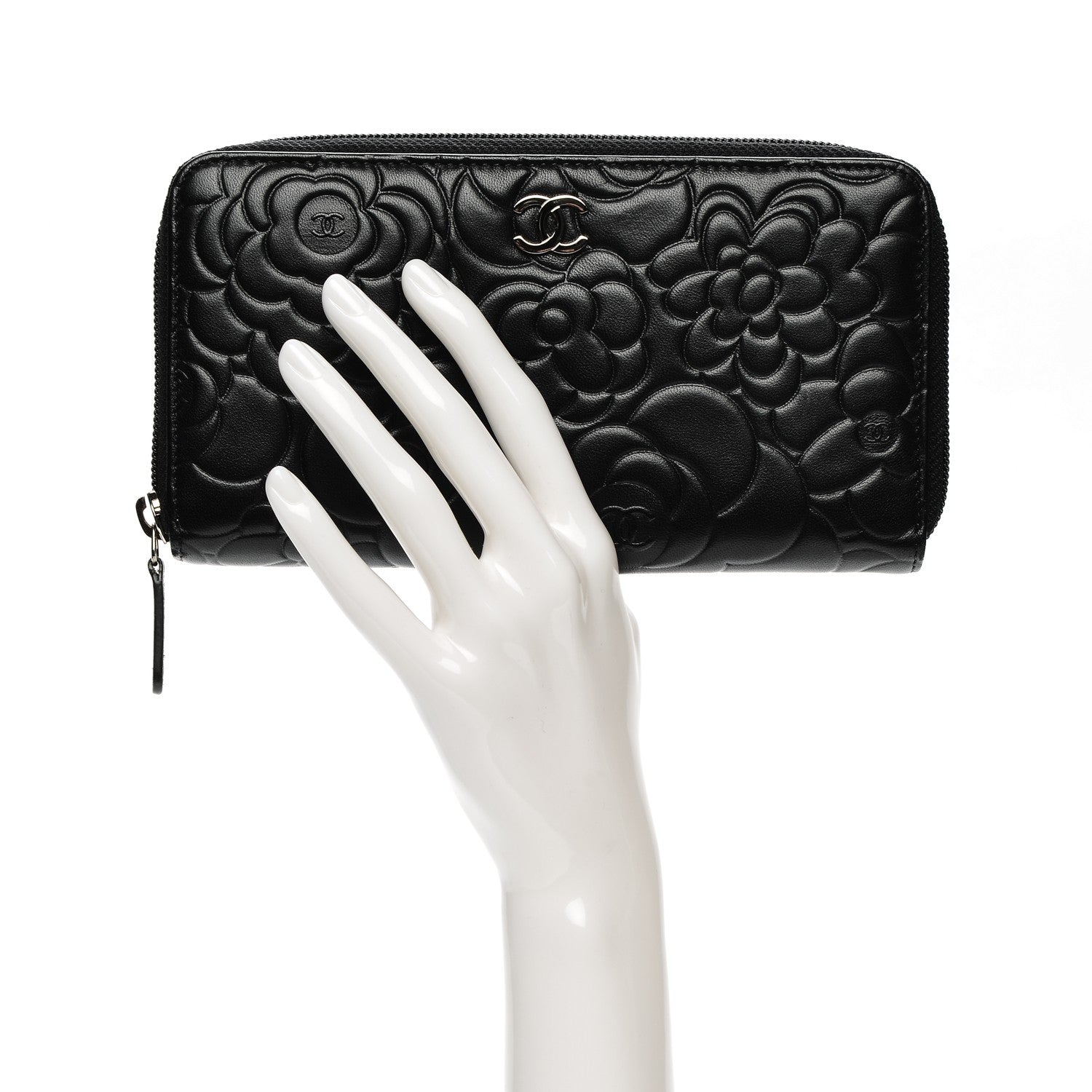 Chanel Lambskin Camellia Embossed Large Zip Around Gusset Wallet Black 2 of 8