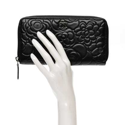 Chanel Lambskin Camellia Embossed Large Zip Around Gusset Wallet Black 2 of 8