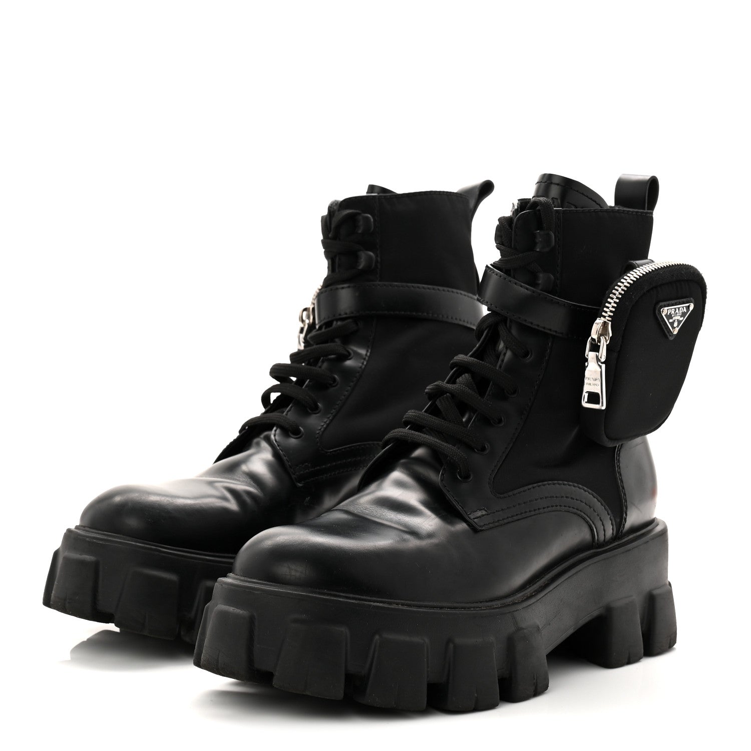 Prada Spazzolato Rois Re-Nylon Metal Triangle Logo Monolith Pouch Pocket 55mm Boots 39.5 Black 4 of 10