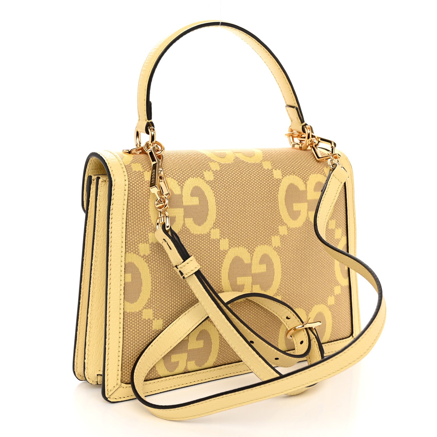 Gucci Monogram Jumbo GG Textured Dollar Calfskin Mini Ophidia Padlock Top Handle Shoulder Bag Camel Banana 3 of 11