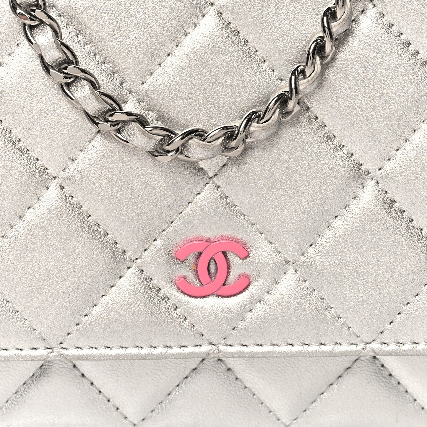 Metallic Lambskin Quilted Wallet On Chain WOC Silver
