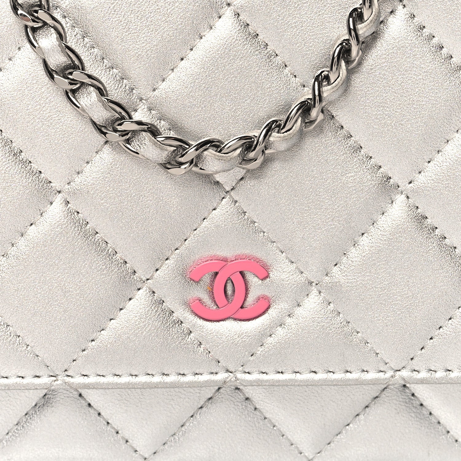 Chanel Metallic Lambskin Quilted Wallet On Chain WOC Silver 9 of 12