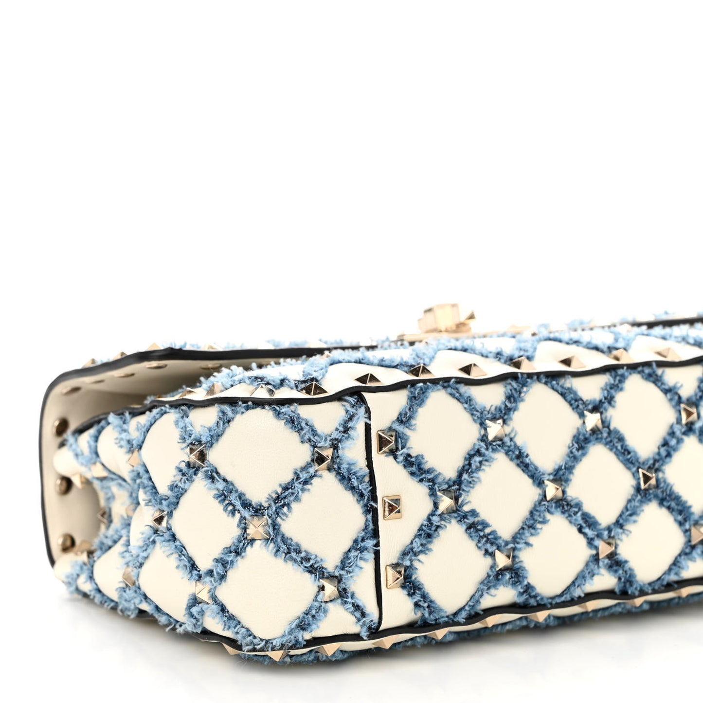 Nappa Denim Quilted Rockstud Medium Spike Shoulder Bag Ivory Blue