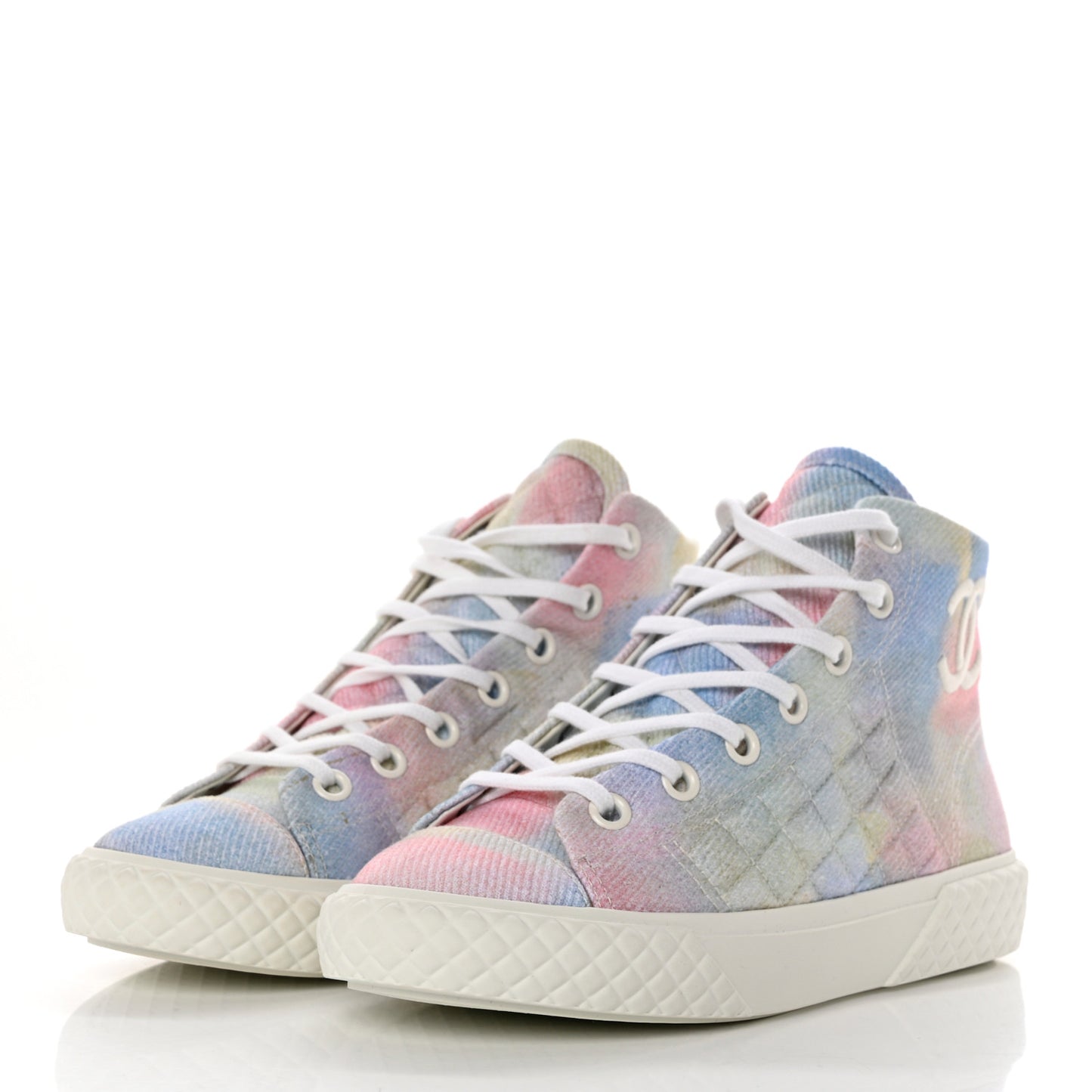 Printed Fabric Quilted High Top Sneakers 38 Green Pink Blue