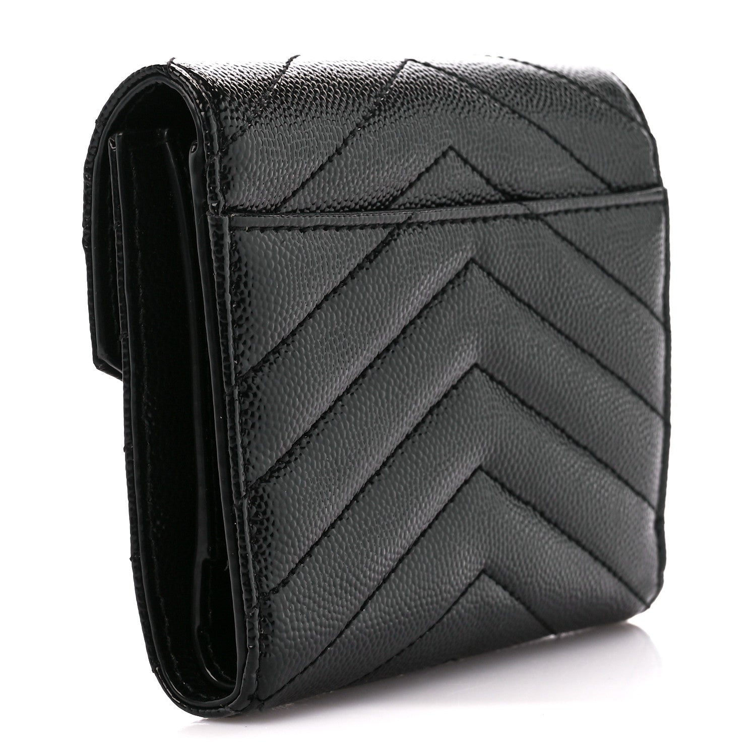 Saint Laurent Grain De Poudre Matelasse Chevron Monogram Compact Tri Fold Wallet Black 3 of 12
