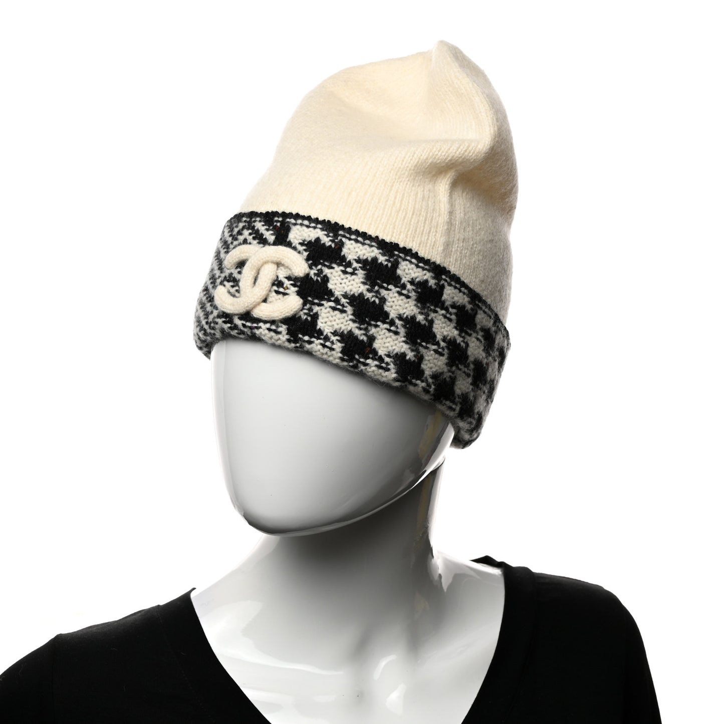 Cashmere Houndstooth CC Beanie Hat White Black
