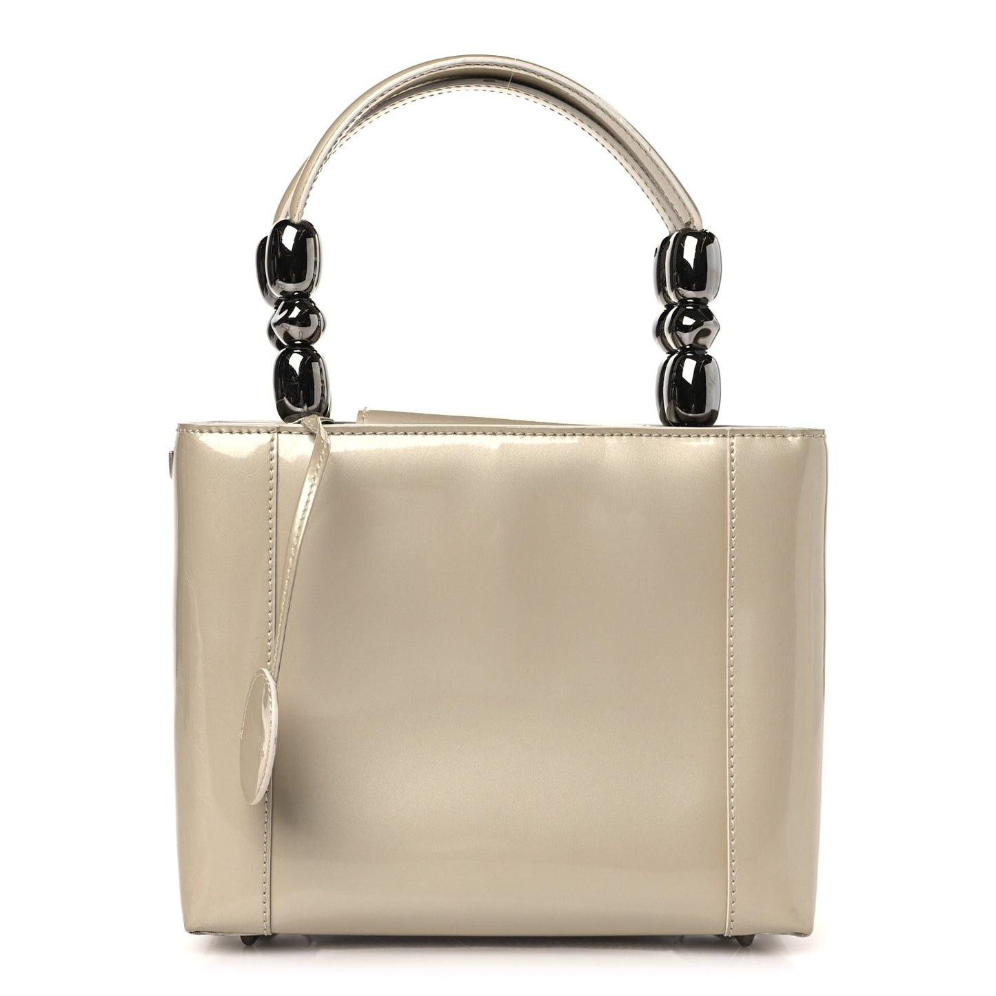 Patent Chrome Beaded Small Malice Tote Beige