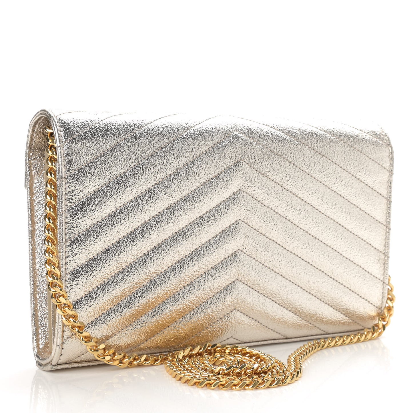 Metallic Grain De Poudre Matelasse Chevron Monogram Chain Wallet Gold