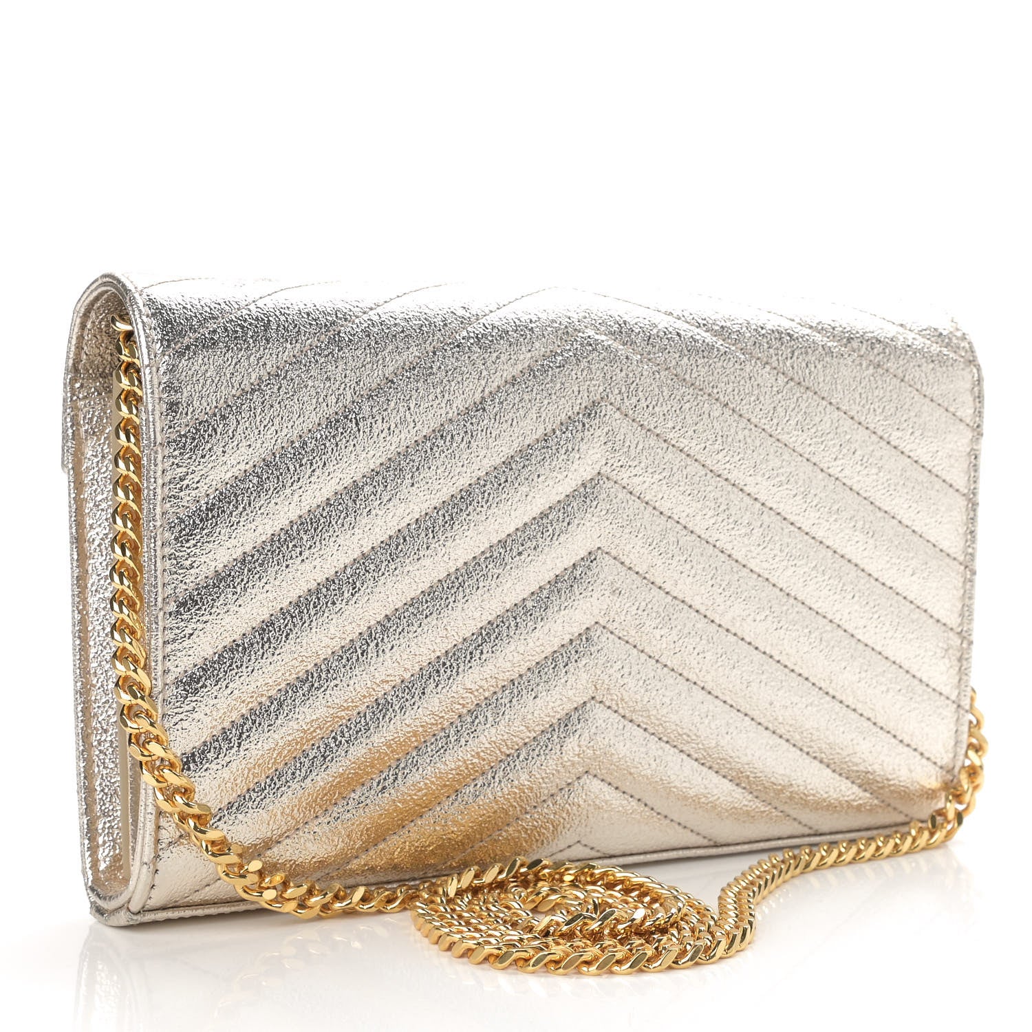Saint Laurent Metallic Grain De Poudre Matelasse Chevron Monogram Chain Wallet Gold 3 of 15