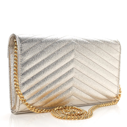 Saint Laurent Metallic Grain De Poudre Matelasse Chevron Monogram Chain Wallet Gold 3 of 15