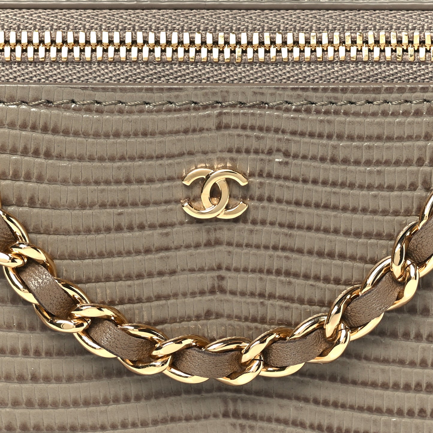 Calfskin Lizard Embossed Top Handle Vanity With Chain  Dark Khaki