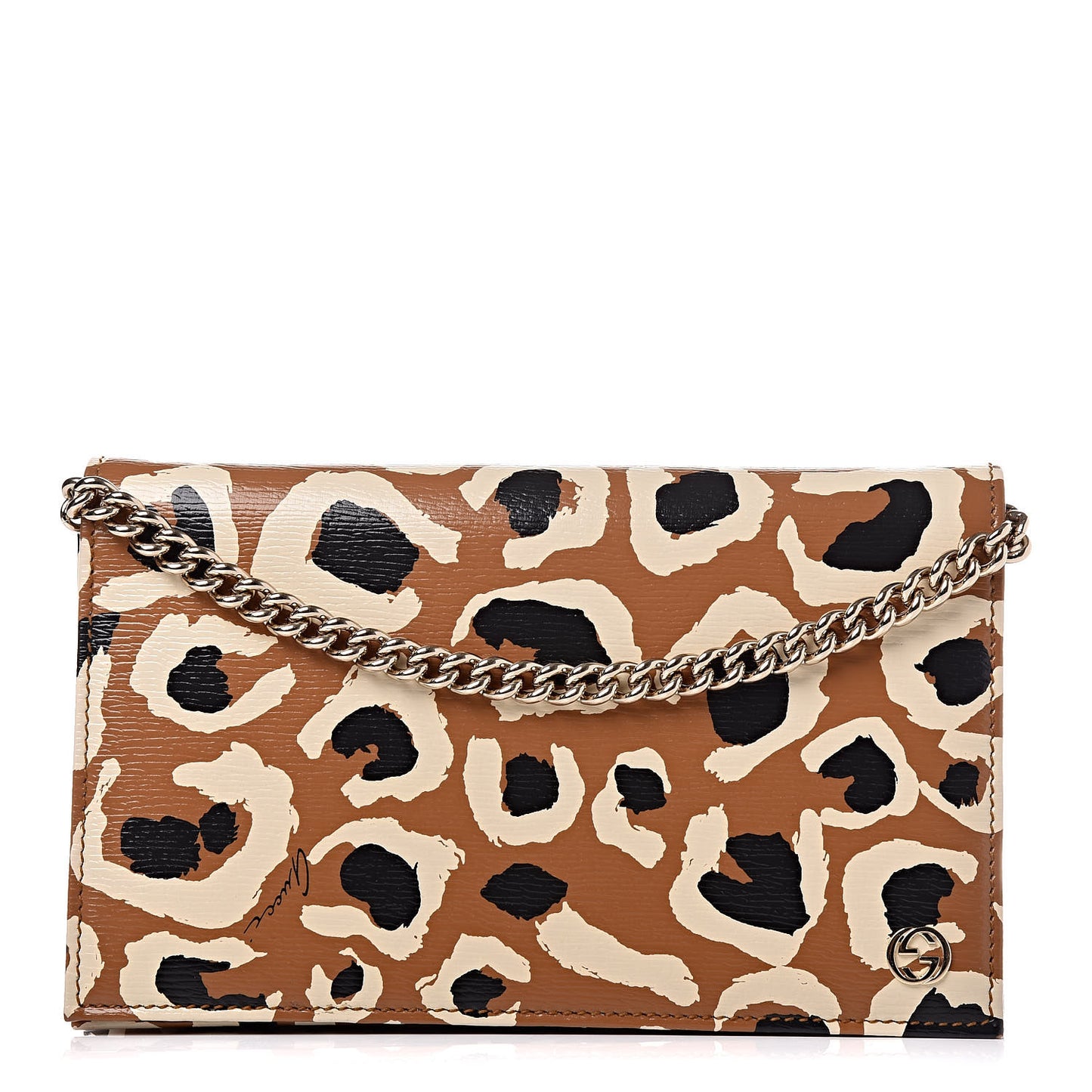Patent Leopard Print Betty Chain Wallet Tobacco Black