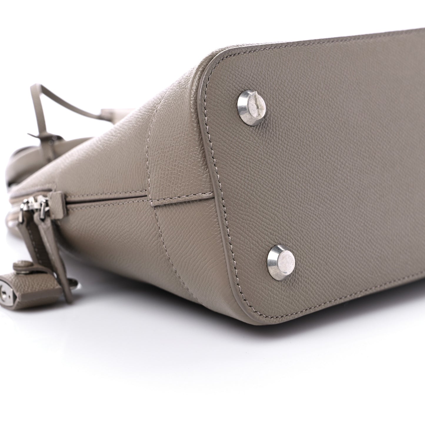 Signature Grained Calfskin Logo S Ville Top Handle Bag Mink Grey White